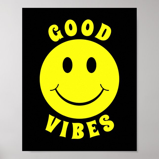 Happy Yellow Face Good Vibes Black Poster (Front)