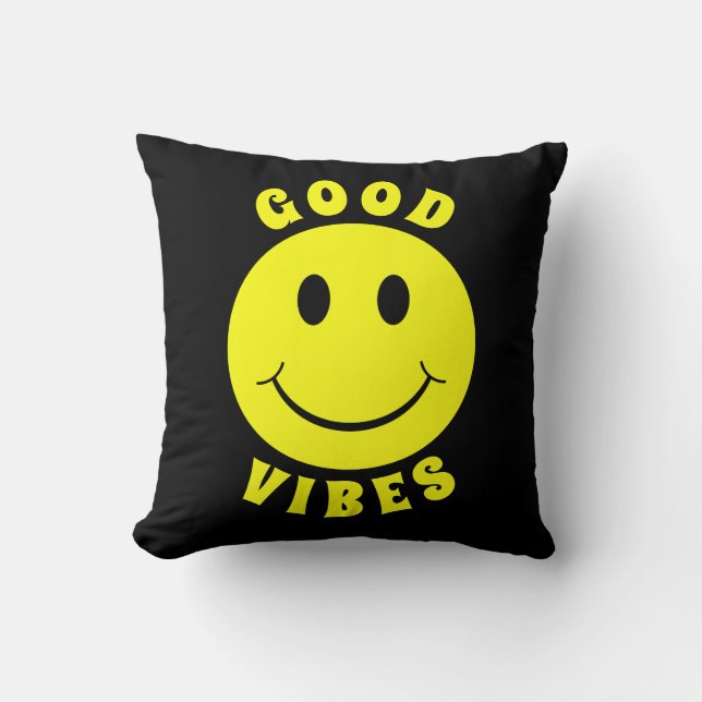 Happy Yellow Face Good Vibes Black Throw Pillow (Front)