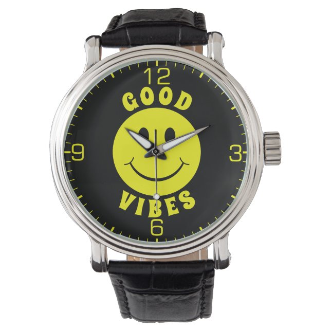 Happy Yellow Face Good Vibes Black Watch (Front)