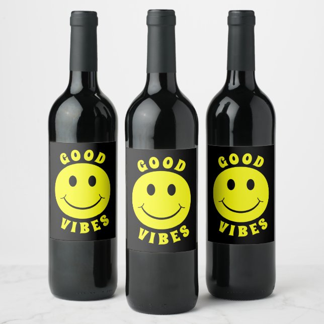Happy Yellow Face Good Vibes Wine Label (Bottles)