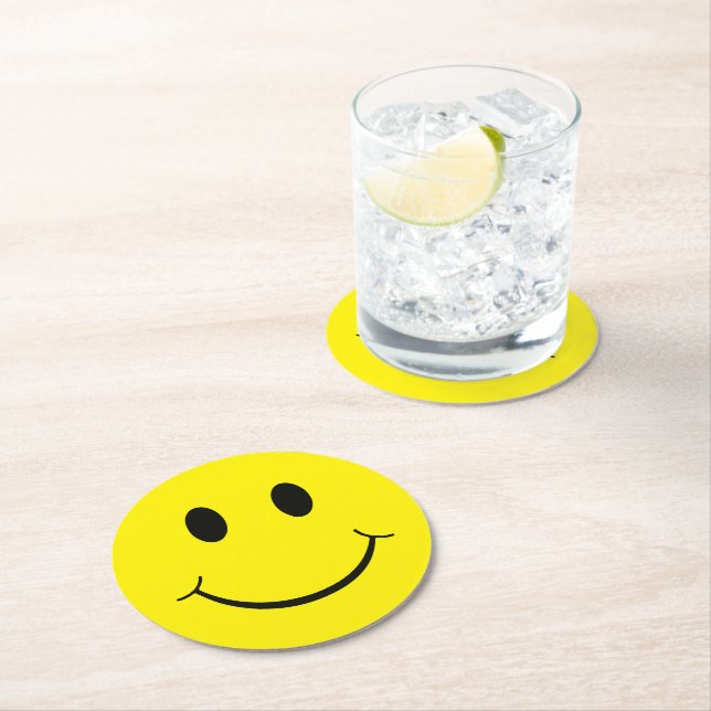 Happy Yellow Face Graphic Round Paper Coaster (Insitu)