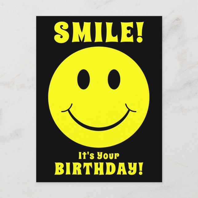 Happy Yellow Face Smile it's Your Birthday Black Postcard (Front)