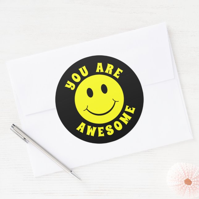 Happy Yellow Face You Are Awesome Classic Round Sticker (Envelope)
