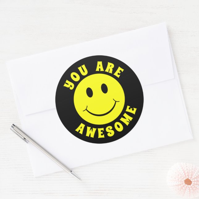 Happy Yellow Face You Are Awesome Classic Round Sticker (Envelope)