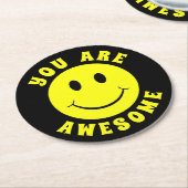 Happy Yellow Face You Are Awesome Round Paper Coaster (Angled)