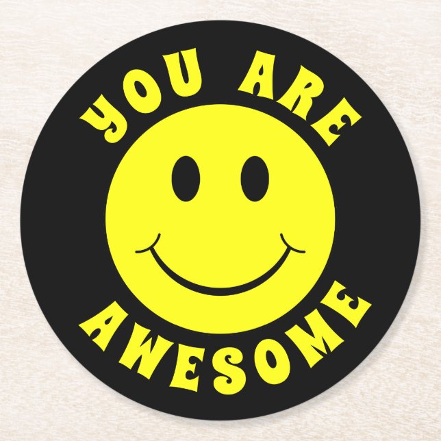 Happy Yellow Face You Are Awesome Round Paper Coaster (Front)