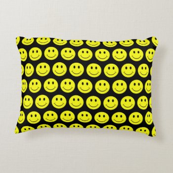 Happy Yellow Faces Pattern Black Accent Pillow by ironydesigns at Zazzle