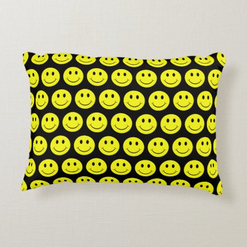 Happy Yellow Faces Pattern Black Accent Pillow