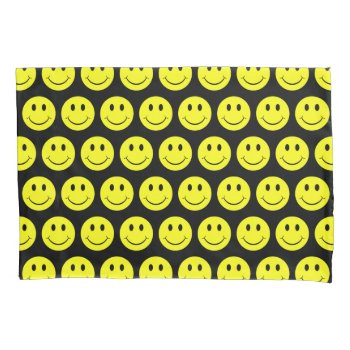 Happy Yellow Faces Pattern Black Pillow Case by ironydesigns at Zazzle