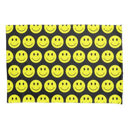 Happy Yellow Faces Pattern Black Pillow Case