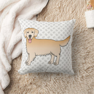 Happy Yellow Golden Retriever Cartoon Dog And Paws Throw Pillow