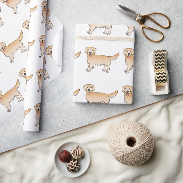 Happy Yellow Golden Retriever Cartoon Dog Pattern Wrapping Paper (Crafts)