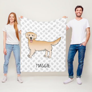 Happy Yellow Golden Retriever With Paws And Name Fleece Blanket