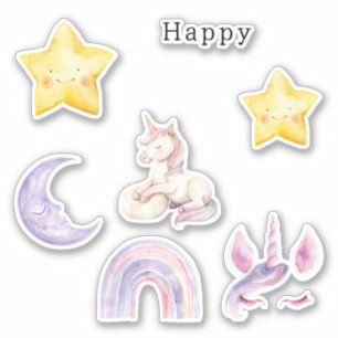 Happy Yellow Stars Unicorn Purple Moon Rainbow Sticker