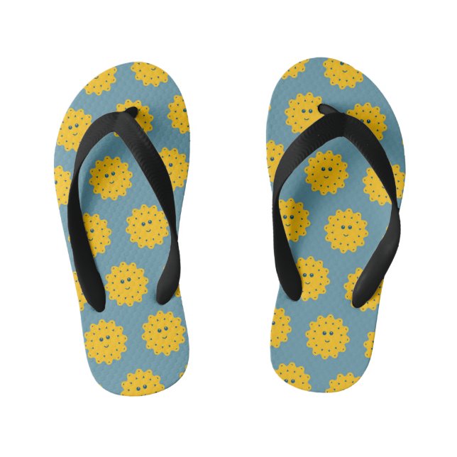 Happy Yellow Sun Pattern on Blue Kid's Flip Flops (Footbed)