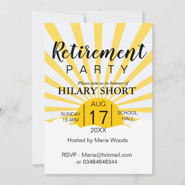 Happy yellow sun ray retirement party invitation (Front)