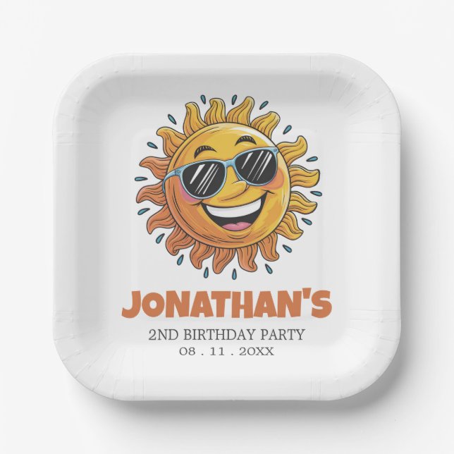 Happy Yellow Sun with Sunglasses Birthday Party    Paper Plates (Front)