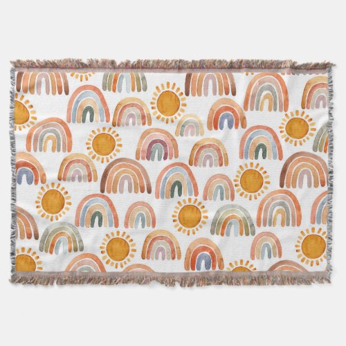 Happy yellow sunshine and boho rainbow watercolor  throw blanket