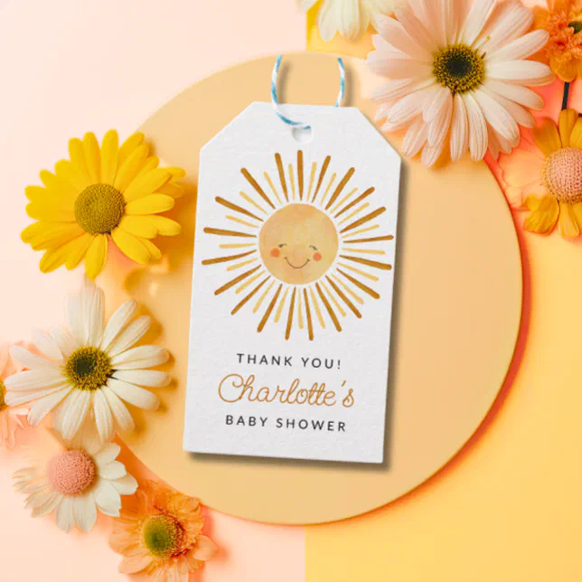 Happy Yellow Sunshine Baby Shower Thank You Gift Tags | Zazzle
