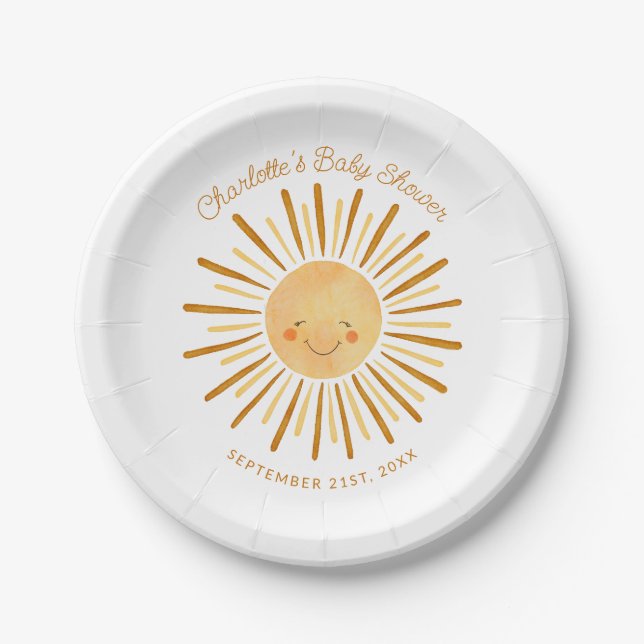 Happy Yellow Sunshine Boho Baby Shower Paper Paper Plates (Front)
