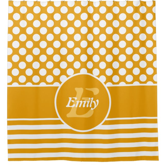 Happy Yellow & White Name Geometric Pattern Shower Curtain (Front)