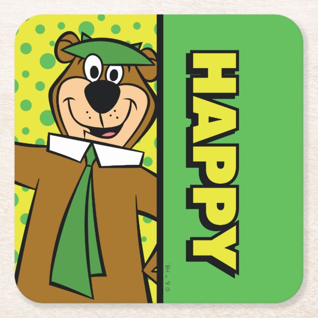 Happy Yogi Bear Square Paper Coaster (Front)