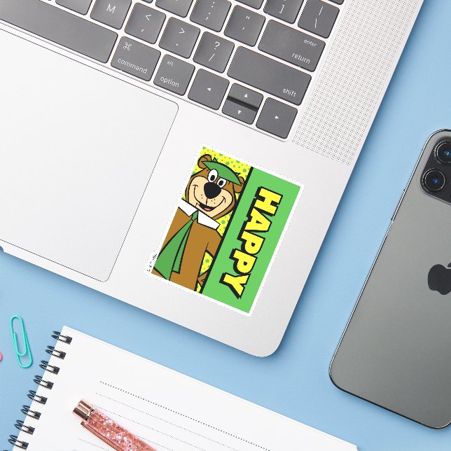 Happy Yogi Bear Sticker (Laptop w/ iPhone)