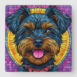 Happy Yorkshire Terrier Dog in Mosaic Style Square Wall Clock