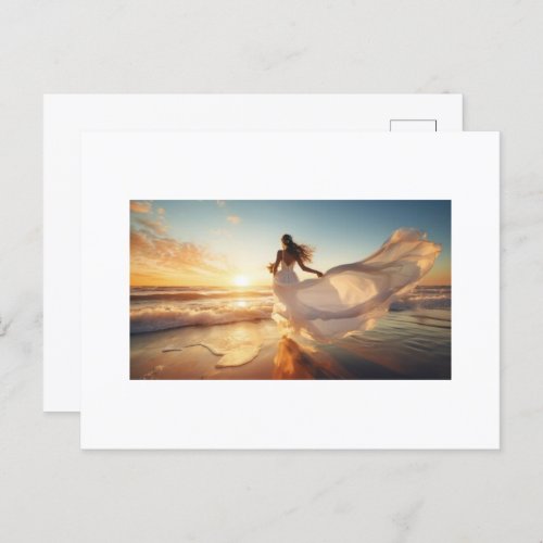 Happy young bride running on clean sandy beach postcard