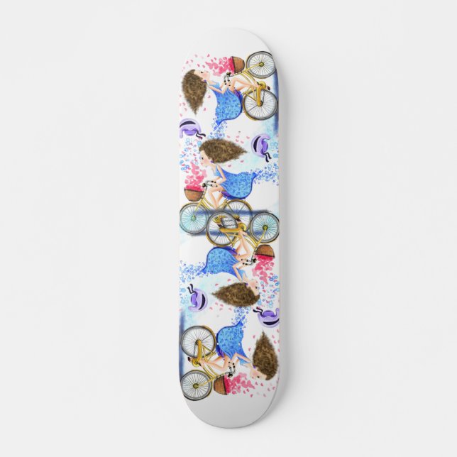 Happy Young Girl On A Bike - Romantic - Drawing Skateboard (Front)