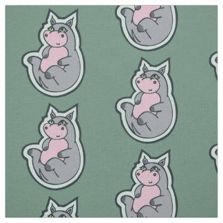 Happy Young Gray Hippo Teal Drawing Design Fabric