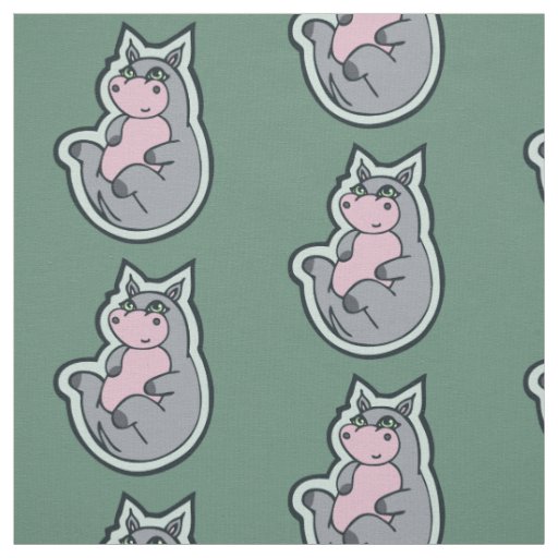 Happy Young Gray Hippo Teal Drawing Design Fabric