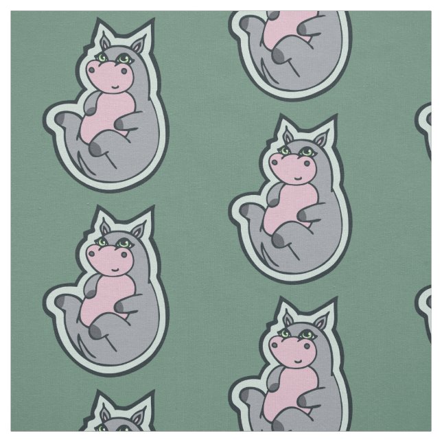 Happy Young Gray Hippo Teal Drawing Design Fabric (Swatch)