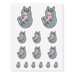 Happy Young Gray Hippo Teal Drawing Design Temporary Tattoos