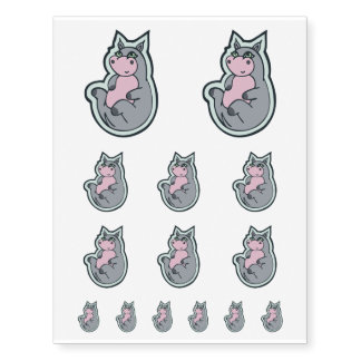 Happy Young Gray Hippo Teal Drawing Design Temporary Tattoos