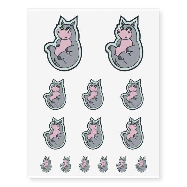 Happy Young Gray Hippo Teal Drawing Design Temporary Tattoos (Front)