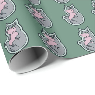 Happy Young Gray Hippo Teal Drawing Design Wrapping Paper