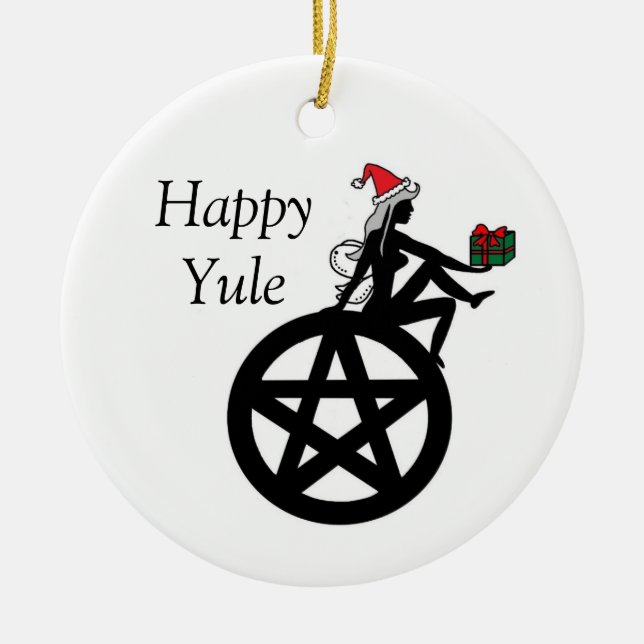 Happy Yule Pagan Faerie and Pentacle Ceramic Ornament (Front)