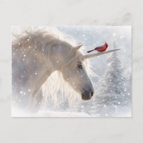 Happy Yule Unicorn and Cardinal  Holiday Postcard