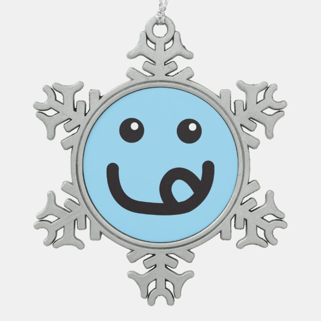 Happy Yummy Face_baby blue Snowflake Pewter Christmas Ornament (Front)