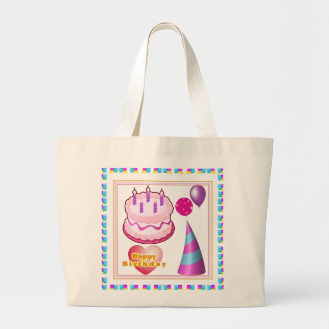 HappyBIRTHDAY Cake Balloon n Text Large Tote Bag (Front)