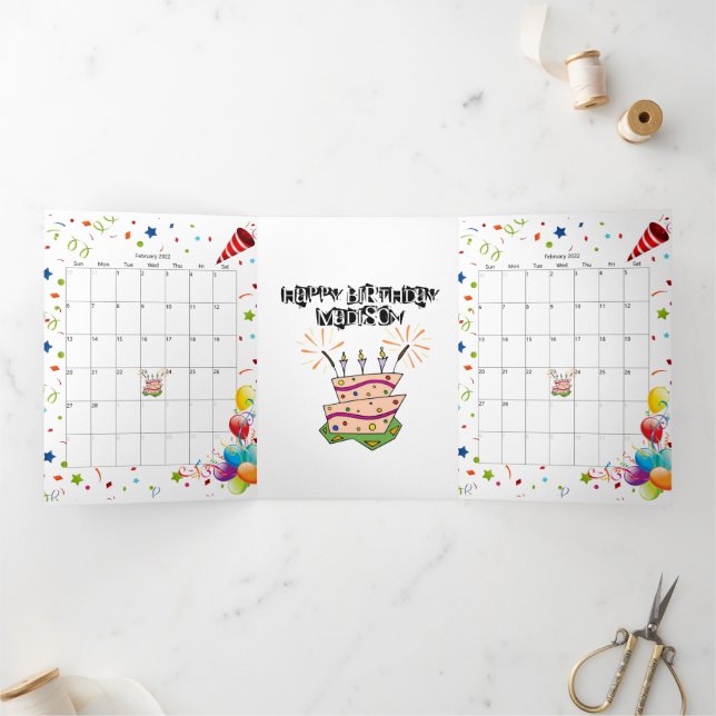HappyBirthday Card February 2022 Calendar Trifold  (Inside)