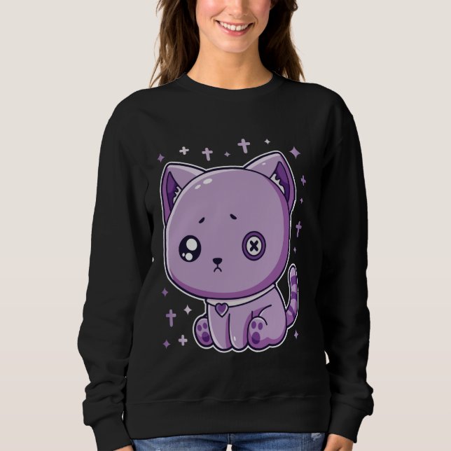 Harajuku Gothic Creepy Sad Purple Cat Novelty Kawa Sweatshirt (Front)