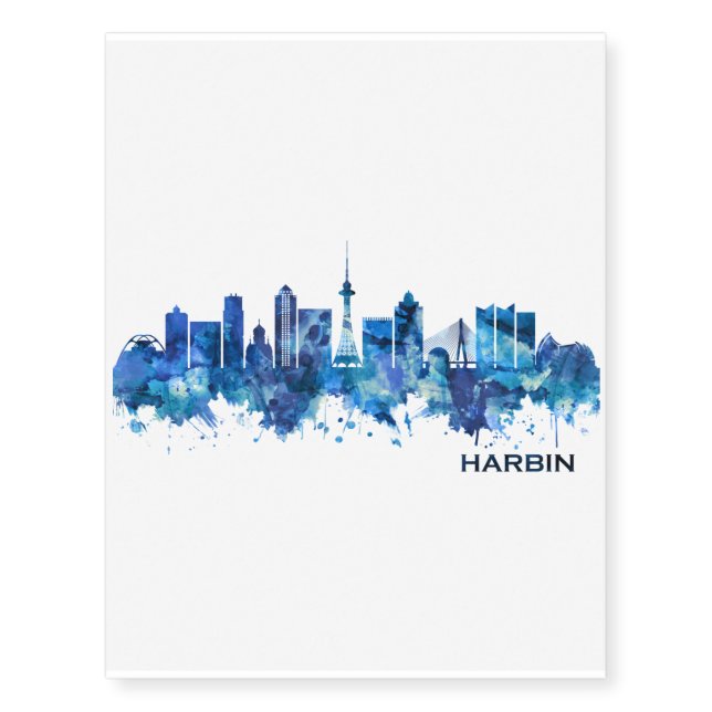 Harbin China Skyline Blue Temporary Tattoos (Front)