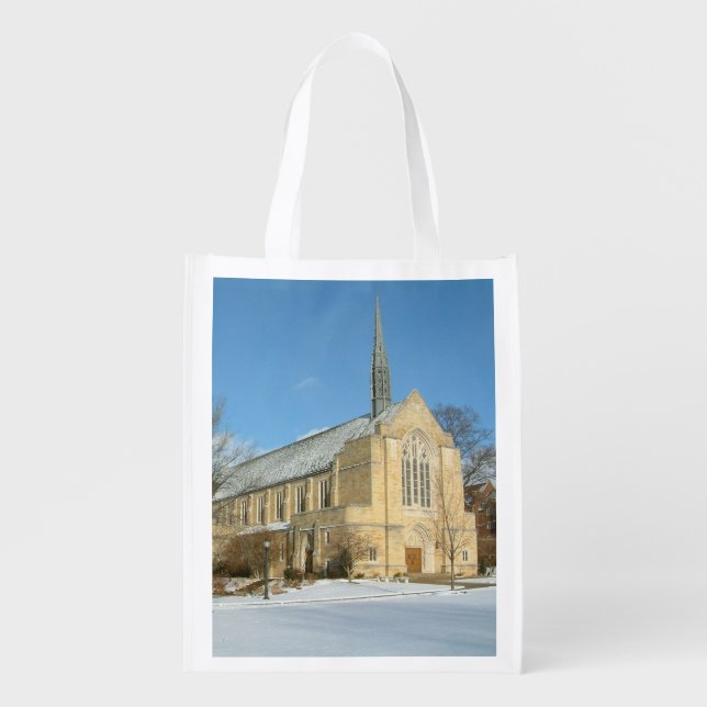 Harbison Chapel in Winter at Grove City College Grocery Bag (Front)