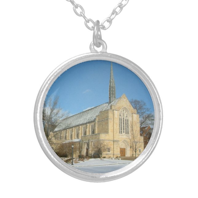Harbison Chapel in Winter at Grove City College Silver Plated Necklace (Front)