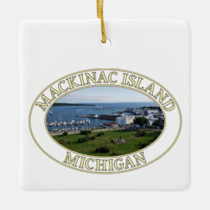 Harbor and Downtown at Mackinac Island, Michigan Ceramic Ornament