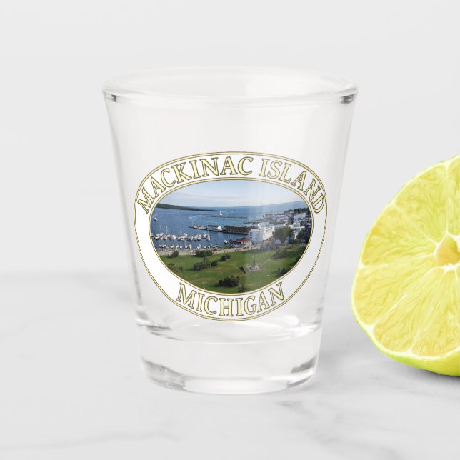 Harbor and Downtown at Mackinac Island, Michigan Shot Glass (Front)
