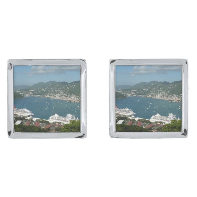 Harbor at St. Thomas US Virgin Islands Silver Cufflinks (Front)