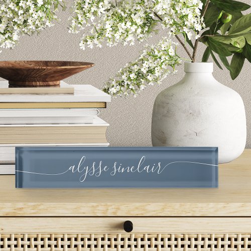 Harbor Blue Elegant Calligraphy Script Desk Name Plate